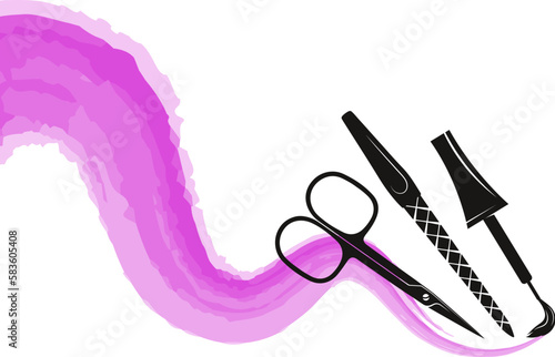 Smear of nail polish brush, scissors and nail file. Design for nail salon and manicurist