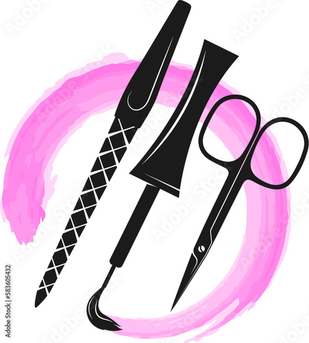 Brush with a smear of nail polish, scissors and a nail file. Design for nail salon and manicurist