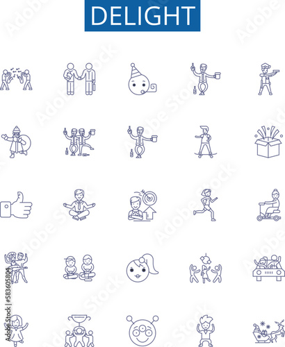 Delight line icons signs set. Design collection of Joy, Appeal, Gratify, Thrill, Enchant, Amuse, Satisfy, Elate outline concept vector illustrations