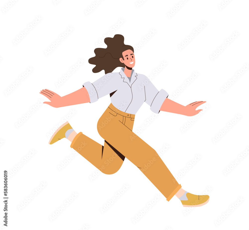 Happy excited woman smiling and jumping in air, cheerful girl feeling good and having fun Happy excited woman smiling and jumping in air, cheerful girl feeling good and having fun