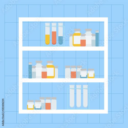 Shelves with different medical bottles
