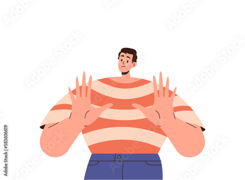 Young man showing stop gesture with hand palms vector illustration isolated on white
