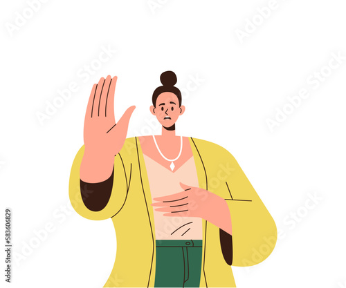 Angry shouting woman gesturing stop with hand protesting showing disagree and rejection sign