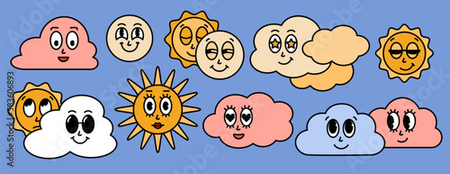 Retro cartoon clouds, sun, moon, character with different emotion. Sunny, sunset, sunrise, solar eclipse groovy sticker pack. Vector illustration