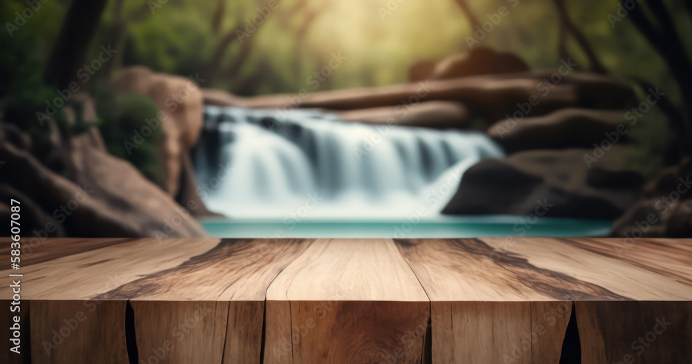 Empty wooden table top for product display with blur luxury waterfall background. generative AI