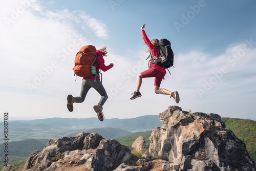 Hikers with backpacks jumping with arms up on top of a mountain. Generative AI