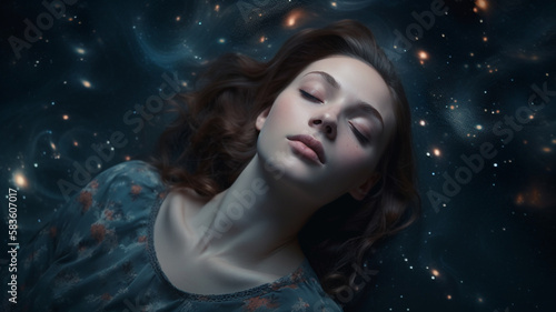 Dreaming girl in universe created with Generative AI