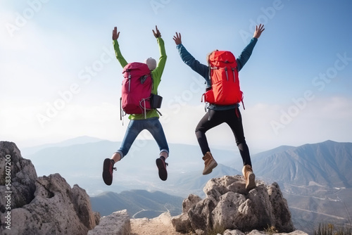 Hikers with backpacks jumping with arms up on top of a mountain. Generative AI