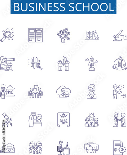 Business school line icons signs set. Design collection of Business, School, MBA, Finance, Marketing, Management, Entrepreneurship, Consulting outline concept vector illustrations
