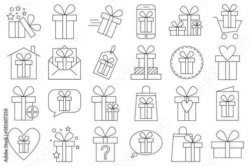 Gift. A simple gift set of Linked vector line icons. Contains icons such as a gift card, a real offer. Gift boxes.