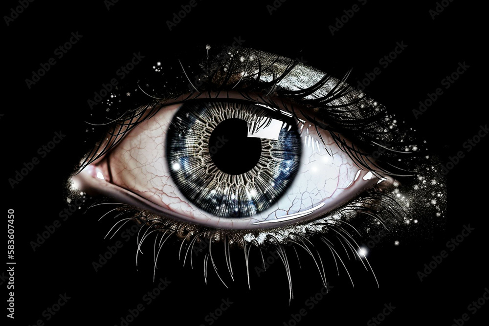 Artistic Close Up View Of An Eye On A Black Background. Isolated Eye On A Strange Background. Generative AI