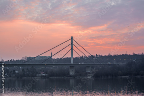 Cable-stayed Liberty bridge in Novi Sad, Serbia, at sunrise