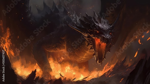 Fire breathes explode from a giant dragon in a black night. Generative Ai