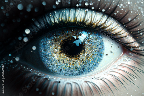 Close Up View Beautiful Female Eye With Blue Iris. Eye in the Rain. Generative AI