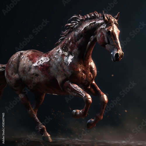 Galloping red horse on dark background