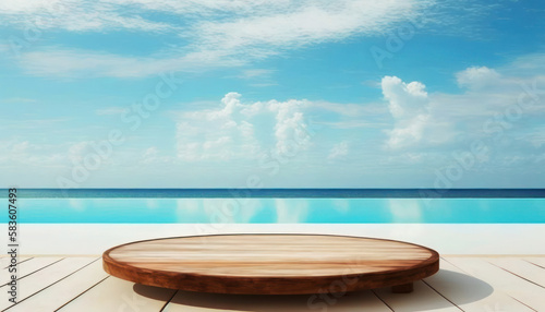 Empty wooden table top for product display with blur luxury background of sea and sky . generative AI © Margo_Alexa