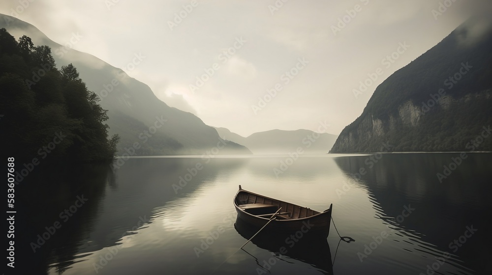 A serene lake surronded by mountain with mist rising from the water and a lone boat in the distance AI Generative