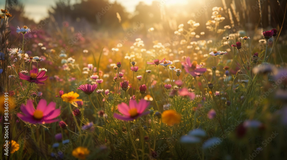 Frühlingsmelodie: Leuchtende Blumenwiese im strahlenden Sonnenlicht