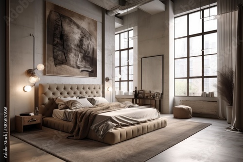 loft bedroom with luxury and light. Brown interior with white ceiling. a quilted headboard, and three mock poster style paintings above him. The carpet with gray stripes and the wooden floor © 2rogan