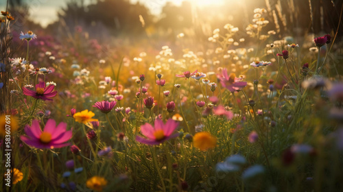 Frühlingsmelodie: Leuchtende Blumenwiese im strahlenden Sonnenlicht