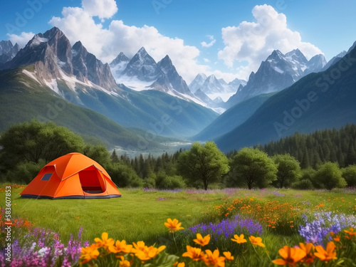 Orange Tourist tent on moun...