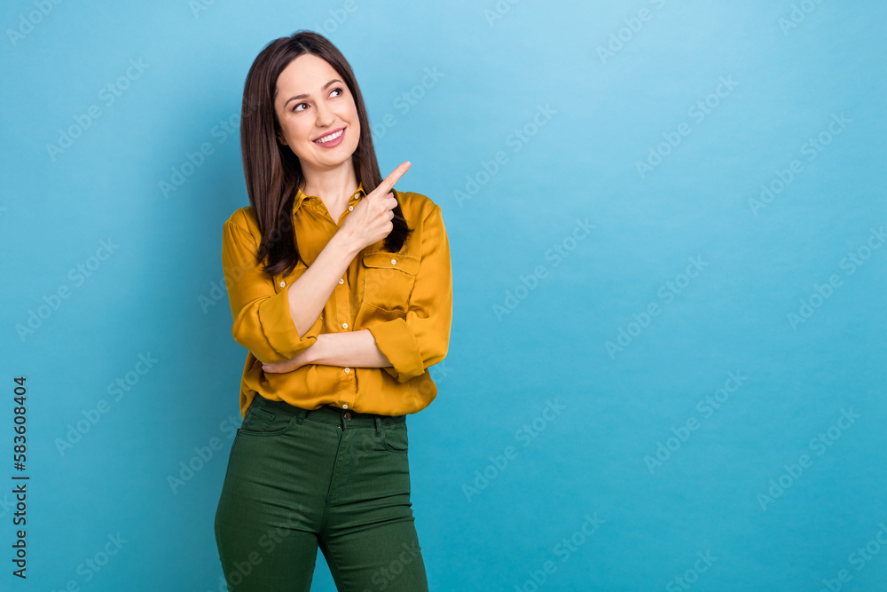 Photo of dreamy recruiter dating company girl working office directing look curious finger empty space proposition isolated on blue color background Photo of dreamy recruiter dating company girl working office directing look curious finger empty space proposition isolated on blue color background