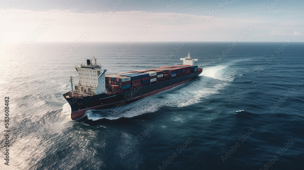 Aerial panorama of a cargo ship carrying container for import and export. Generative Ai Aerial panorama of a cargo ship carrying container for import and export. Generative Ai