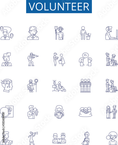 Volunteer line icons signs set. Design collection of Donate, Help, Serve, Contribute, Participate, Aid, Commit, Repair outline concept vector illustrations