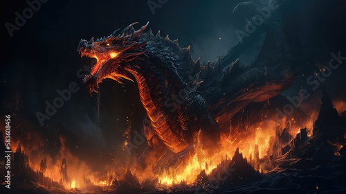 Fire breathes explode from a giant dragon in a black night. Generative Ai