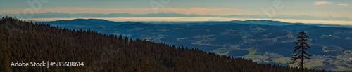 High resolution stitched panorama with the alps in 200 km distance at Mount Dreisessel, Neureichenau, Bavarian forest, Bavaria, Germany