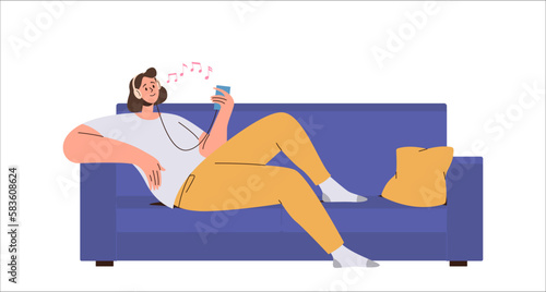 Young teenager woman character listening to music at home while rest on sofa isolated on white