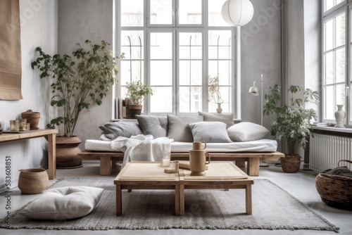 Gray sofa  wooden coffee table  cube  pillows  flowers  cotton carpet  and exquisite accessories are featured in this stylish and modern living room. Elegant interior design. Template. walls of gray