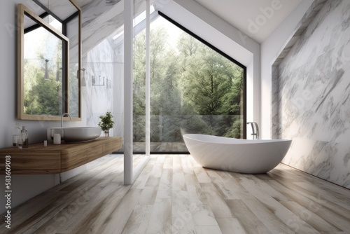 Bathroom interior with white walls  a loft window  a wooden floor  and an angular tub made of marble. a mockup. Generative AI