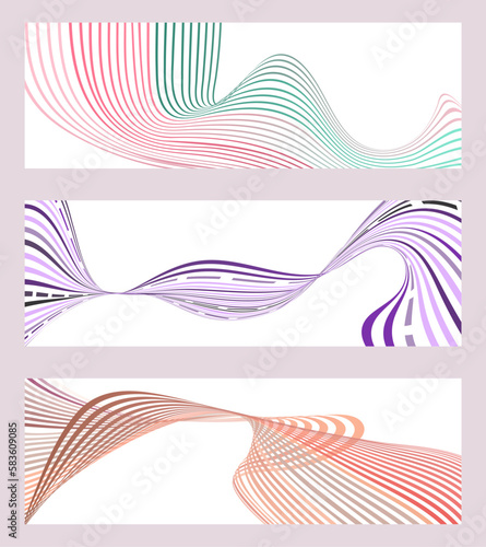 Wavy lines or ribbons. Set of 3 backgrounds. Multicolored striped gradient. Creative unusual background with abstract gradient wave lines to create a trendy banner, poster. vector eps