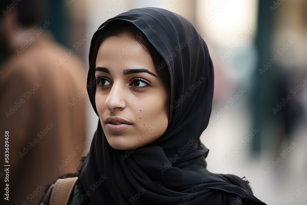 A very beautiful young woman with a hijab covering her head. Generative AI A very beautiful young woman with a hijab covering her head. Generative AI