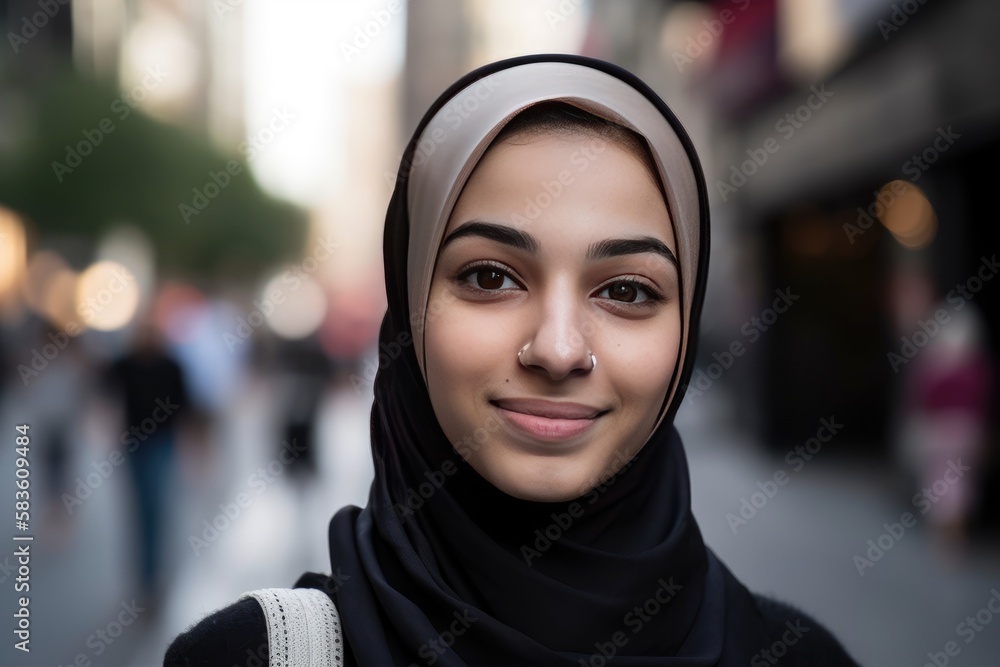 A very beautiful young woman with a hijab covering her head. Generative AI A very beautiful young woman with a hijab covering her head. Generative AI