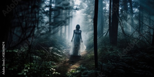 Ghostly silhouette of a faceless female ghost entity, paranormal haunting woodlands apparition wearing a white translucent robe, spirit of the forest, motion blurred - generative AI