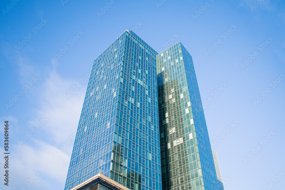 Skyscraper against a blue sky without clouds