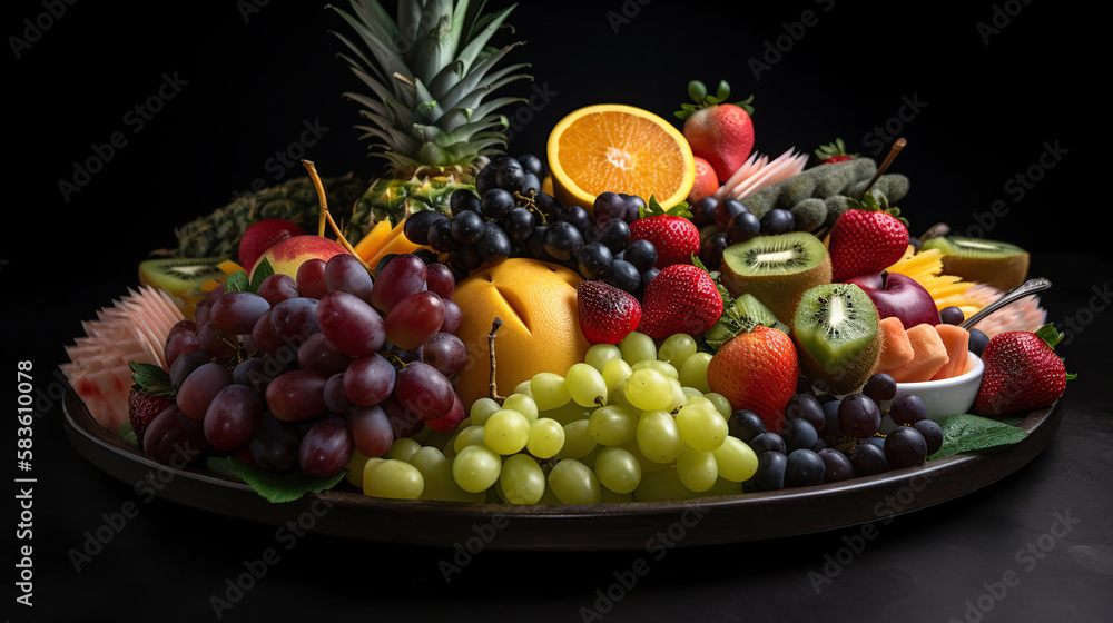 Creative composition of colorful citrus fruits isolated on black background. Generative Ai