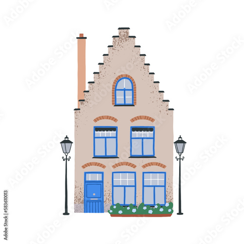 Old Dutch house, historical vintage facade. Building exterior of Holland architecture. Cozy traditional home in Europe city, European town. Flat vector illustration isolated on white background