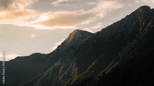 Landscape of the snow capped peak on the the Julian Alps under dusk sky in northwestern Slovenia