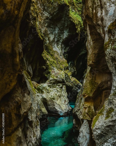 Scenic view of a small river with turquoise water in Tolmin Gorges park in Zatolmin, Slovenia