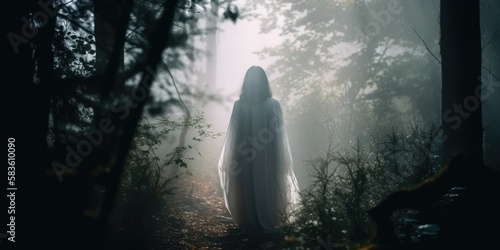 Ghostly silhouette of a faceless female ghost entity, paranormal haunting woodlands apparition wearing a white translucent robe, spirit of the forest, motion blurred - generative AI