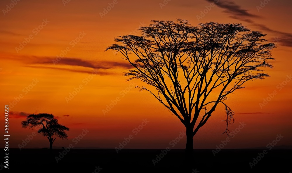 Silhouette of a bared tree with a few trees at sunset in the distance in Serengeti national park