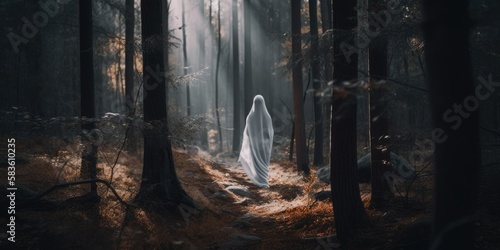 Ghostly silhouette of a faceless female ghost entity, paranormal haunting woodlands apparition wearing a white translucent robe, spirit of the forest, motion blurred - generative AI © SoulMyst