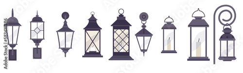 Facade lighting tool collection icons set vector. Building facade llghting electrical outdoor equipment, Exterior light lamp and lantern, Spotlight electric illuminated device black contour