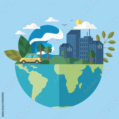 Save our planet earth, ecology eco environmental protection, climate changes, Earth Day April 22, planet with leaves vector emblem. Presentation of nature, health, eco lifestyle with globe and plants