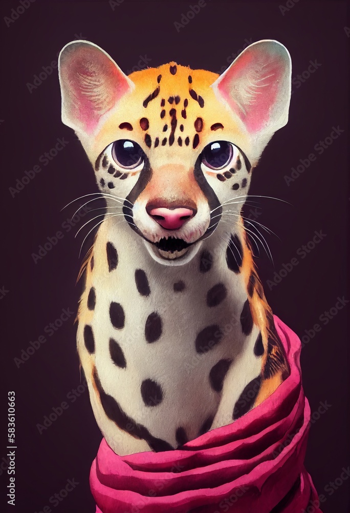 Funny adorable portrait headshot of cute ocelot. South American land animal standing facing front. Looking to camera. Watercolor imitation illustration. AI generated vertical artistic poster.