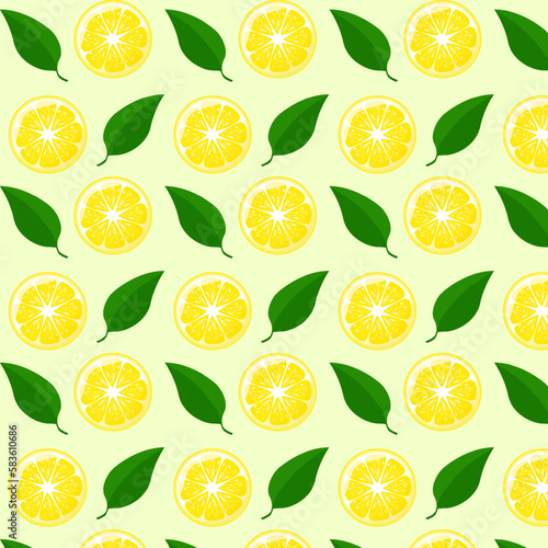 Lemon sliced with green leaves Seamless pattern. For posters, logos, labels, banners, stickers, product packaging design, etc. Vector illustration