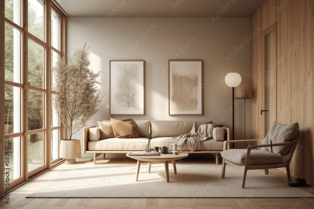 Fototapeta premium View from the corner of a living room that shows a mock up painting, a sofa that is positioned in a window niche, an armchair, a lamp, and a coffee table. contemporary style in beige tones. Scandinavi